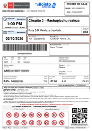 Esempio di biglietto per Machu Picchu